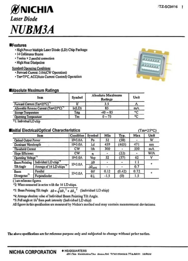 NUBM3A Laser Diode Module Technical Datasheet Page 1