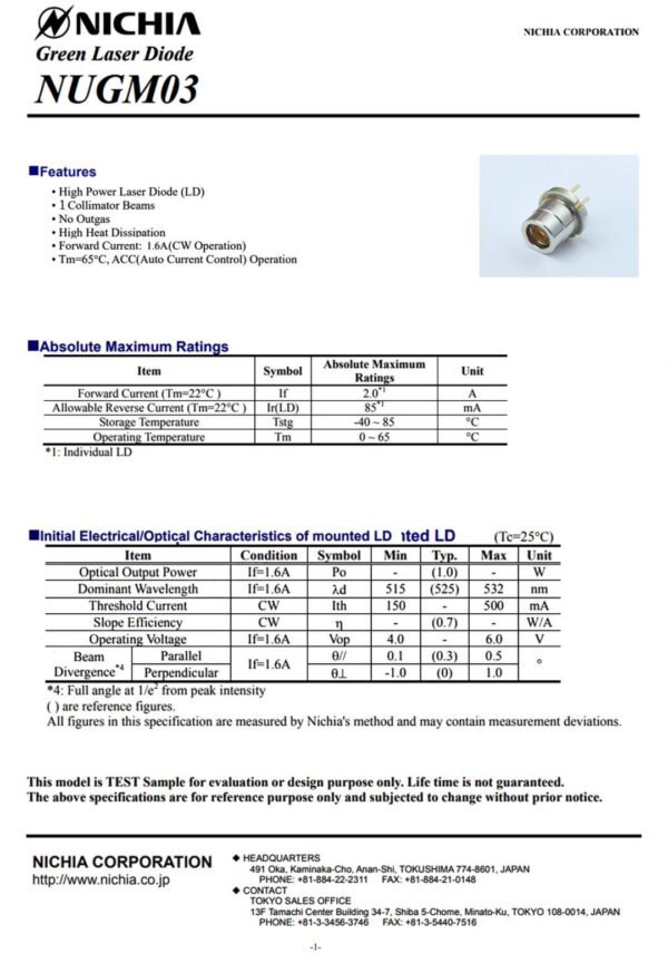 NUGM03 Green laser unit Datasheet- preview