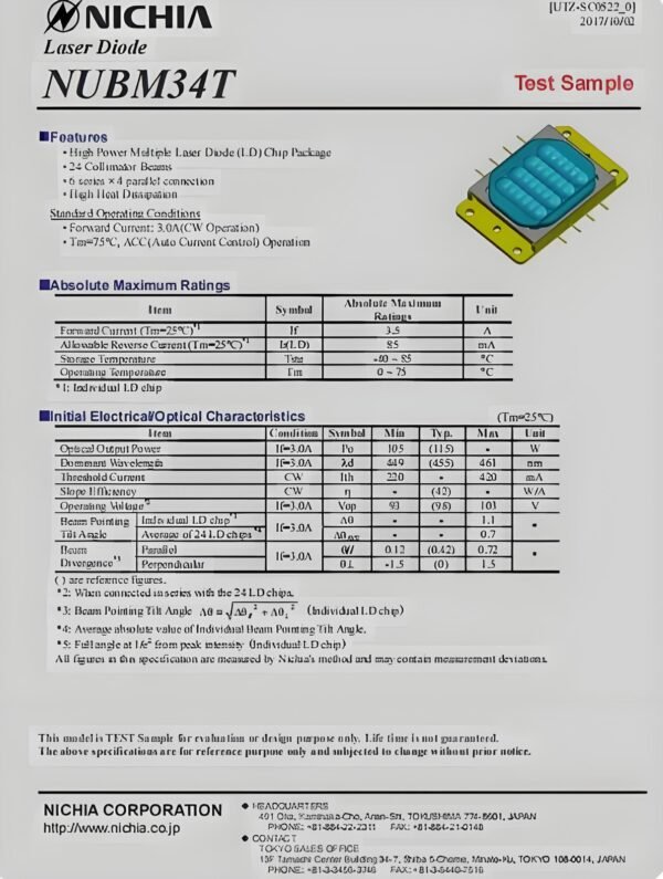 NICHIA NUBM34 laser diode bank datasheet 455nm 115 W specifications