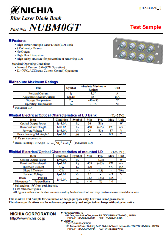 NICHIA NUBM0G Blue Laser Unit | 465nm, 38W - Image 3